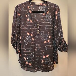 Maurices Dark Black Floral Blouse With Button Accents Size M